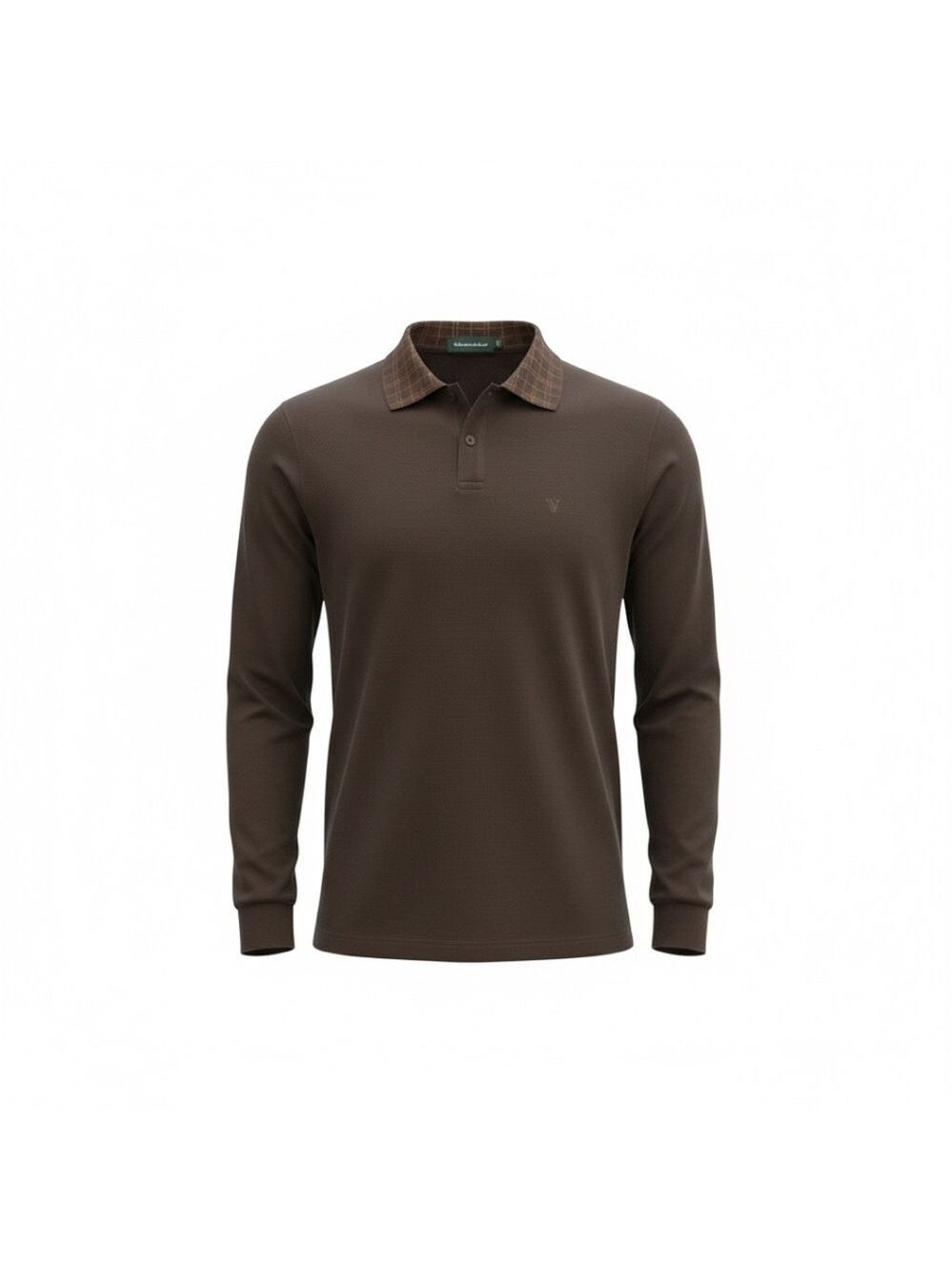 Long-Sleeve Polo with Contrast Checked Collar - Brown